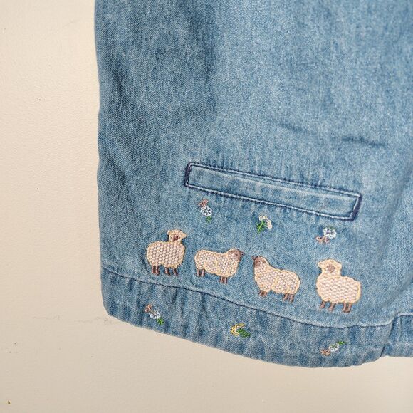 Vtg 90s Denim Vest Embroidered Sheep Flowers Cottagecore Farmhouse Country L - Picture 2 of 10